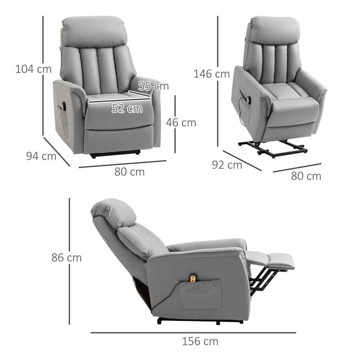 ELEKTRISCHER Aufstehsessel gepolstert Fernsehsessel Relaxsessel mit Aufstehhilfe - Schwarz/Grau, Leder/Kunststoff (80/104/94cm) - HOMCOM