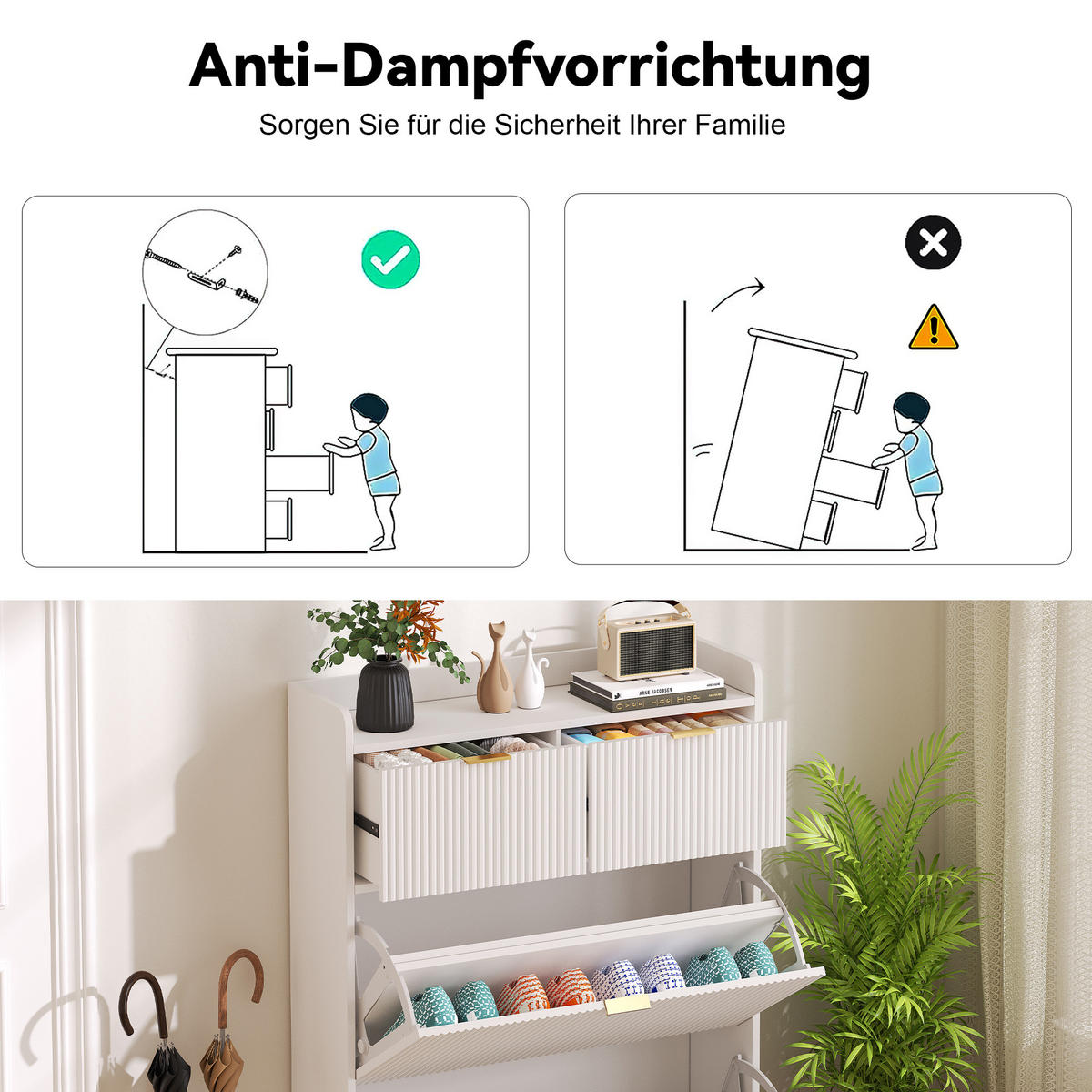 SCHUHSCHRANK mit zwei Schubladen und zwei Klappfächern, schmales Eingangsmöbel, mit Kippschutz, Weiß - Goldfarben/Weiß, Holzwerkstoff/Metall (24/110/8cm) - GENKI LIVING