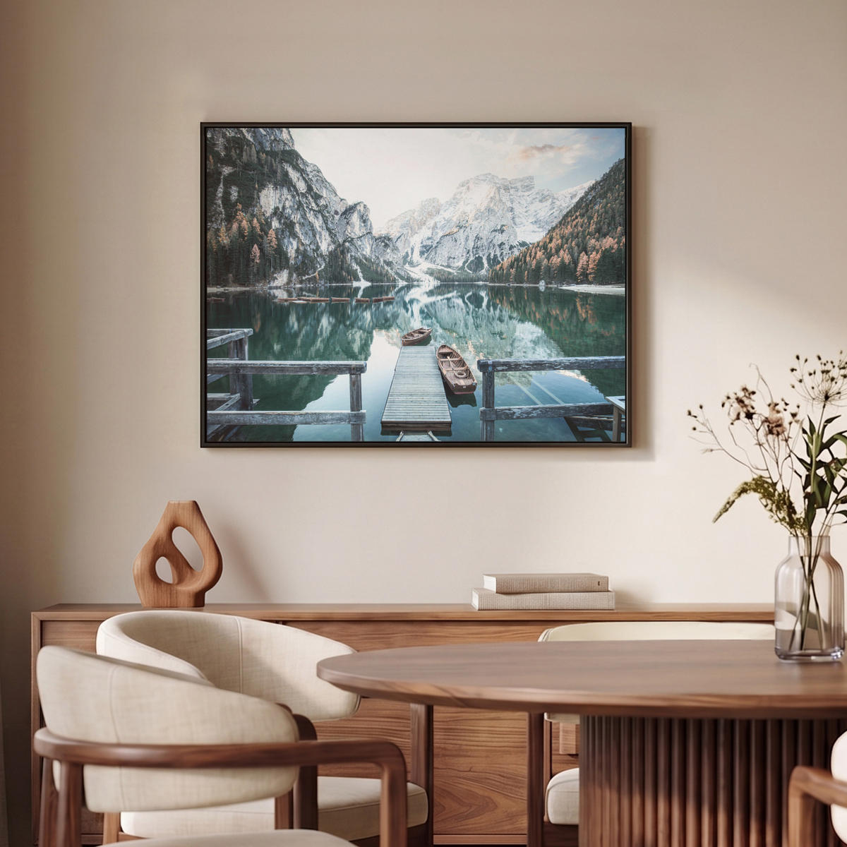 LEINWAND Bilder mit Rahmen - Natur - Berge - Schnee - Wald - Boot - 80x60 - Hellgrün, Textil (80/60cm) - MuchoWow