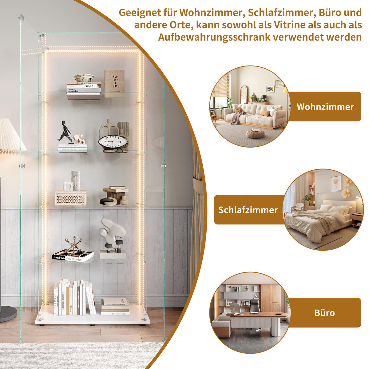 STANDVITRINE 78,5x186,5cm Weiß mit LED-Leisten, 5 Böden, abschließbar - Weiß, Glas (34.5/186.5/78.5cm) - SHOPENTRA