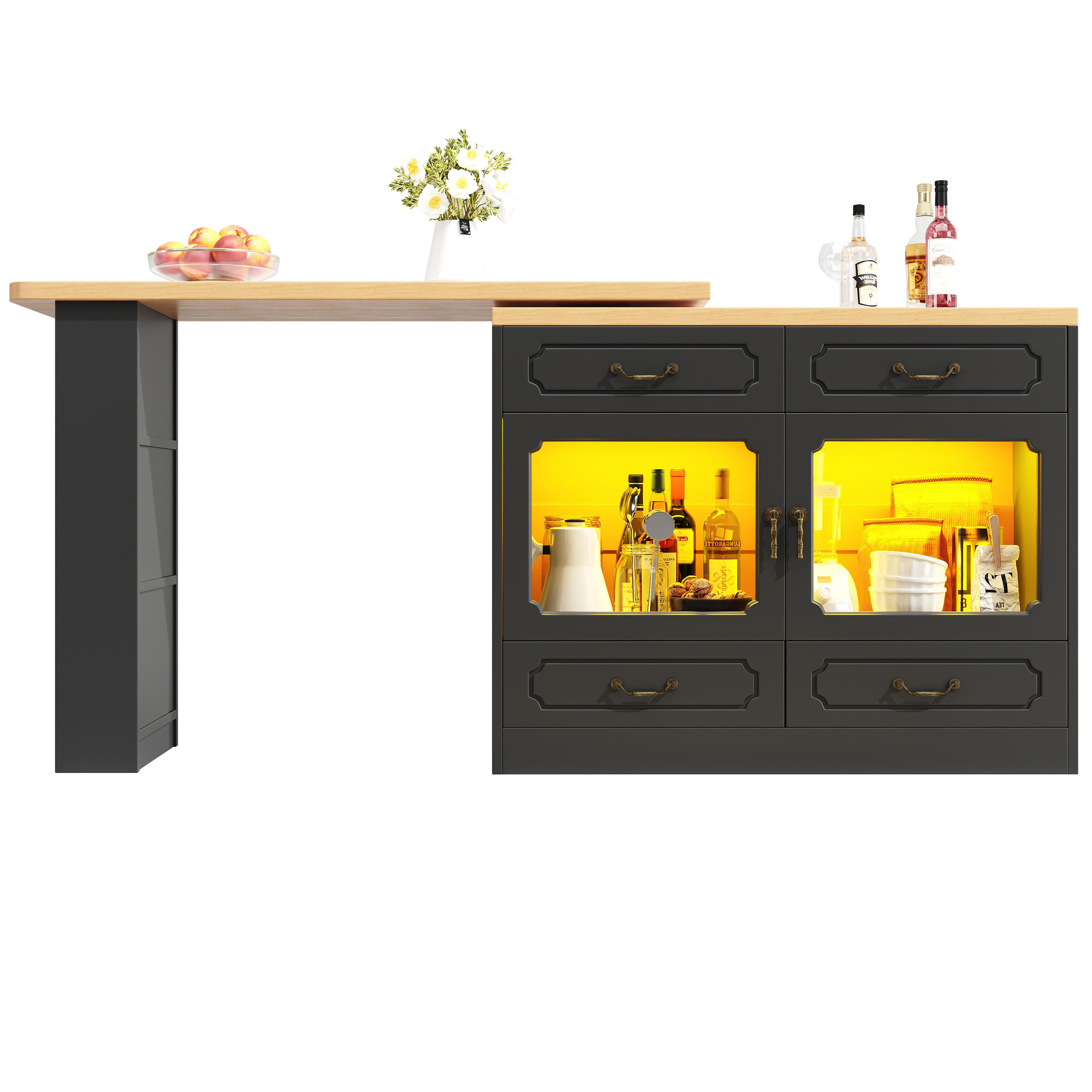 BARTISCH 360° Drehbar 135-203cm LED Stauraum Schwarz - Schwarz, Holzwerkstoff (39/135/928cm) - FLIEKS