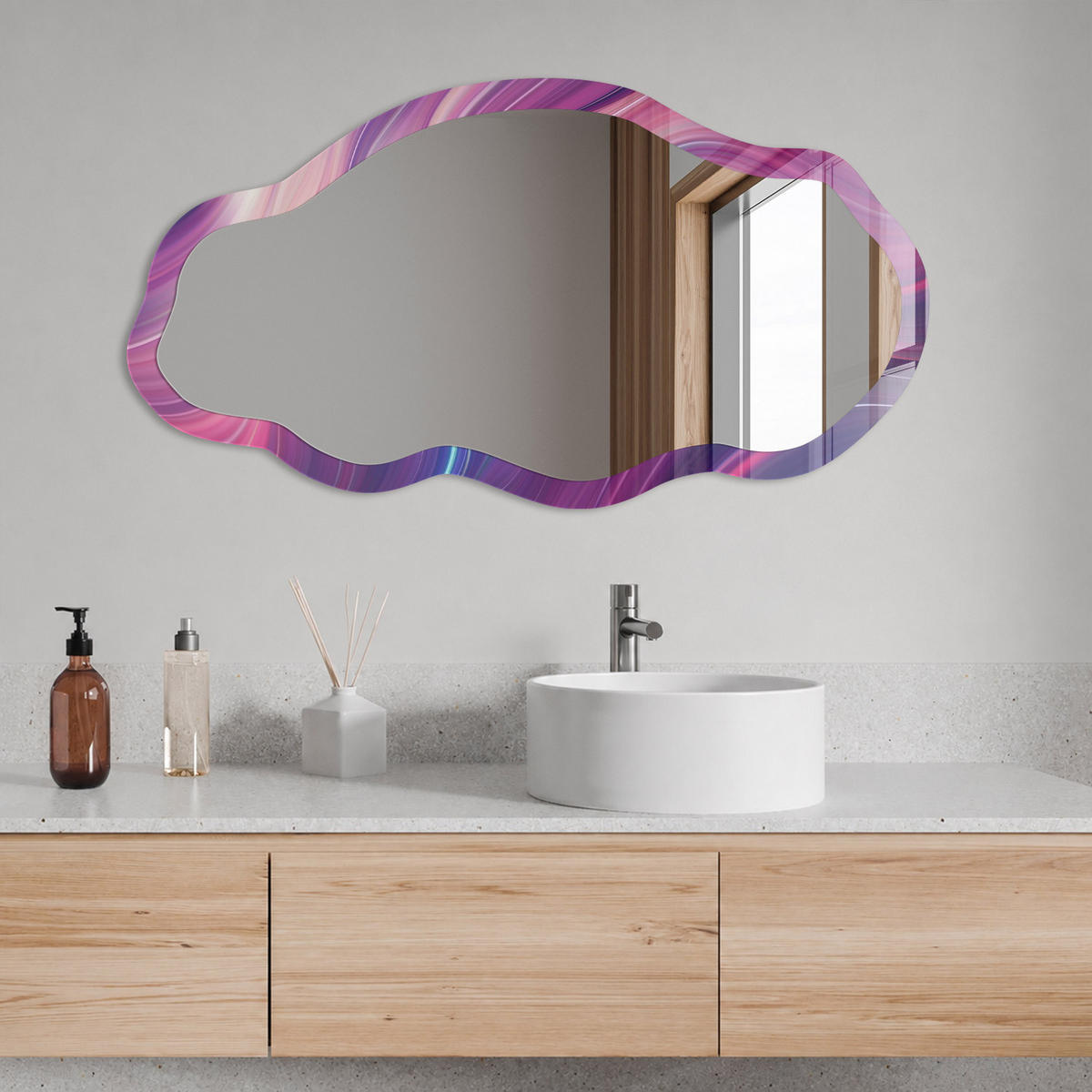 SPIEGEL 90x45 cm asymmetrisch mit Druck - Energieleitungen - Transparent, Glas (45/90/0.4cm) - TULUP