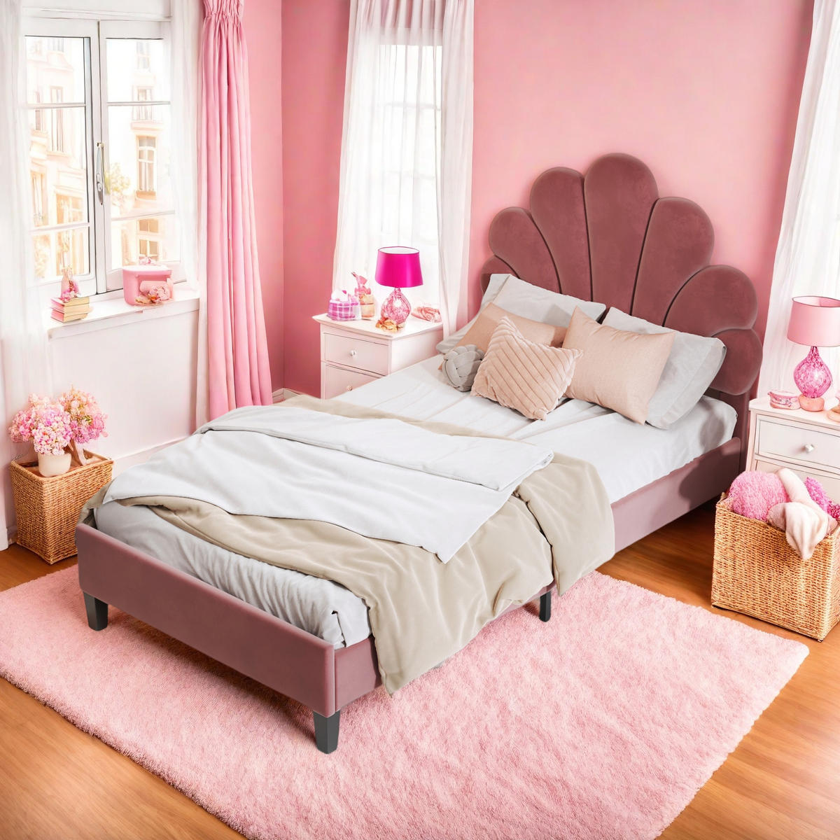 EINZELBETT 90x200 ROT SAMT BLUMENKOPFTEIL KINDERBETT - Rot, Metall (90/200cm) - SHOPENTRA