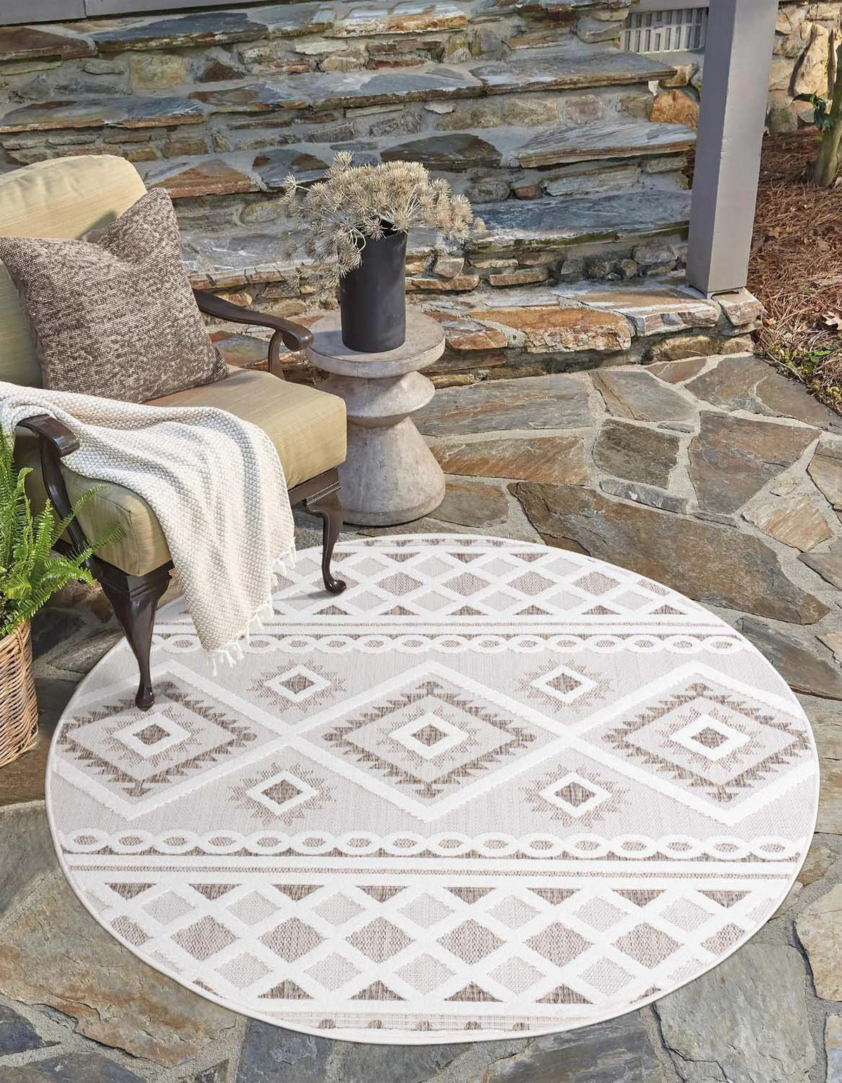 OUTDOOR-TEPPICH Santorini 435 Creme 120x120 cm Rund - Creme, Textil (120/120cm) - carpet city