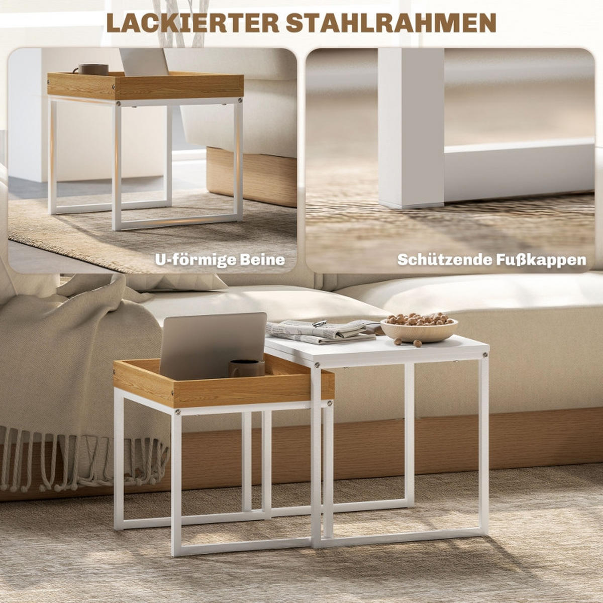 COUCHTISCH-SET 45/45/45 cm weiß mit abnehmbarem Tablett aus Stahl - Weiß, Metall (45/45/45cm) - OKWISH
