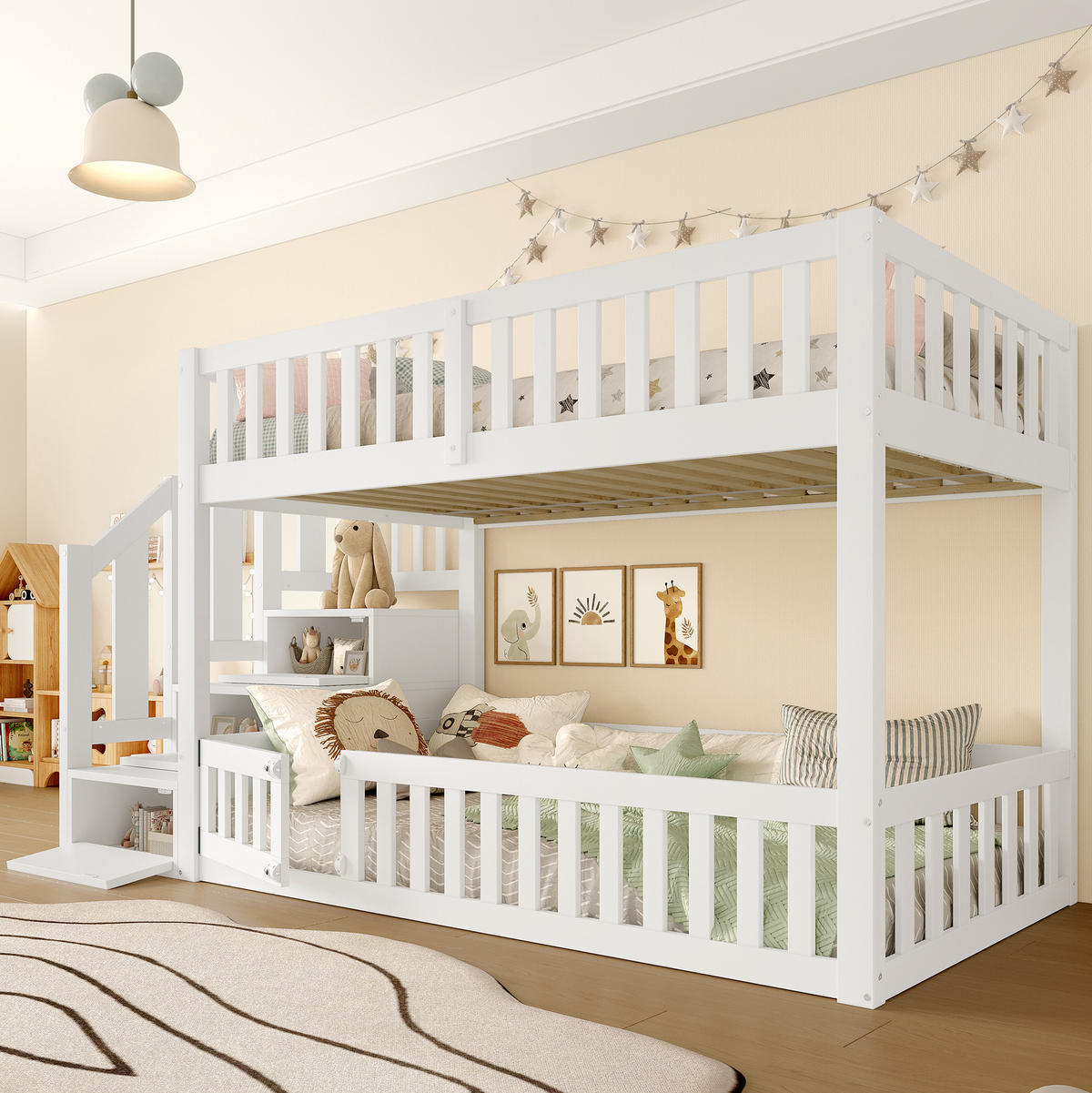 ETAGENBETT 90/200 cm aus Kiefer und MDF mit Leiter und Stauraum Weiß - Weiß, Holzwerkstoff (90/200cm) - Modenvie