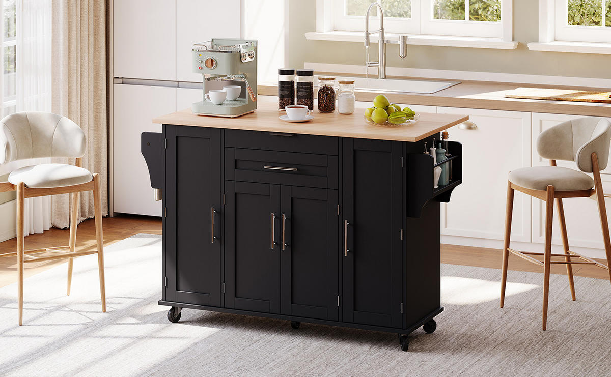 KÜCHENINSEL 136/92/70 cm Schwarz/Natur aus MDF mit ausziehbarer Arbeitsplatte - Schwarz, Holzwerkstoff (70/92/136cm) - OKMYHOME