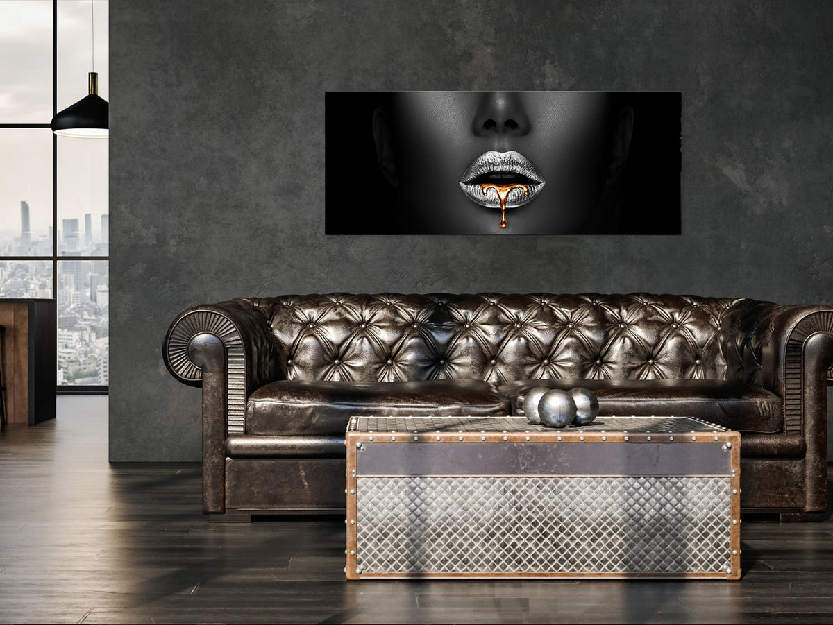 GLASBILD 125x50 cm Lippen schwarz gold - Silberfarben, Glas (125/50cm) - artissimo