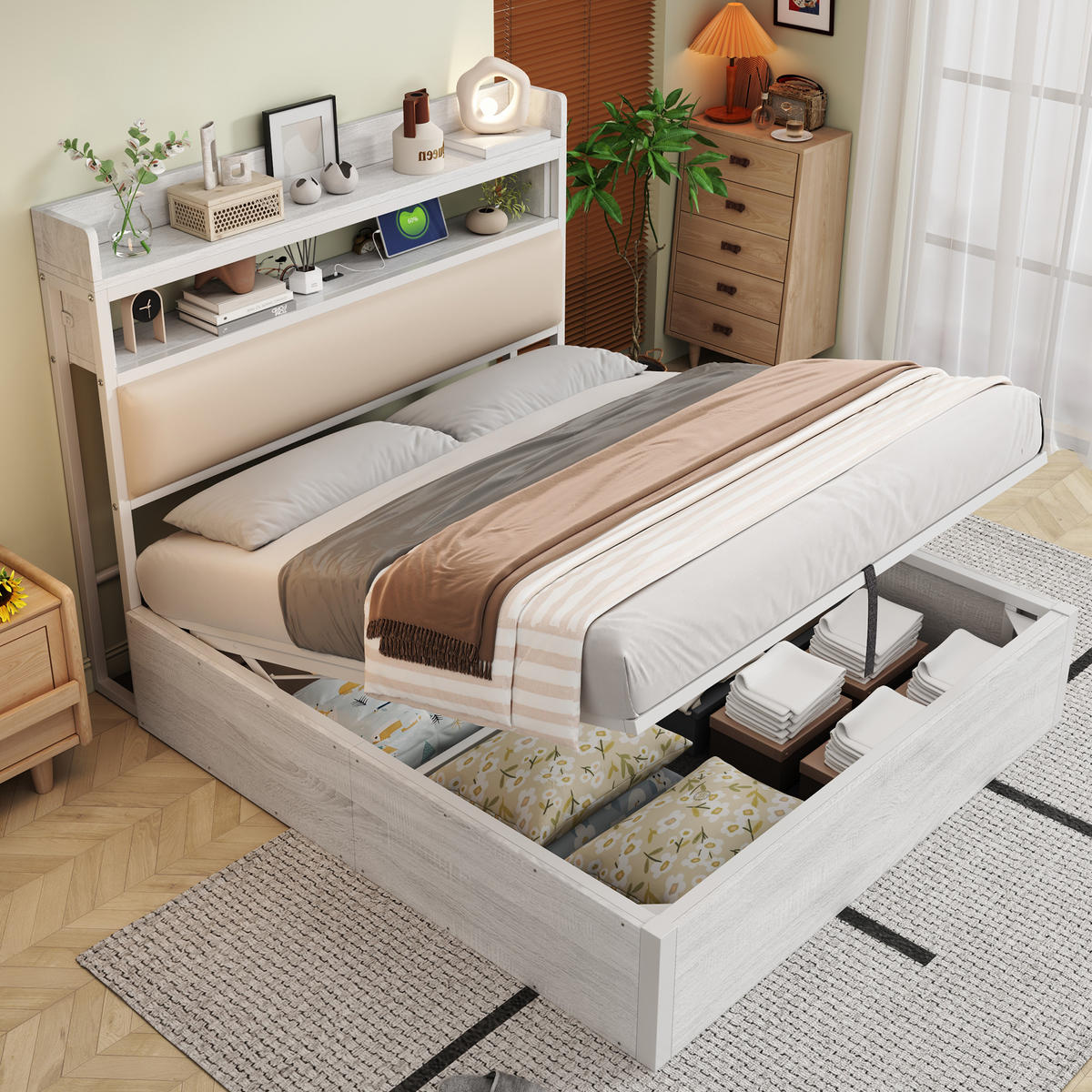 BETTRAHMEN 140/200 cm mit hydraulischer Hebevorrichtung und USB-Anschlüssen Weiß - Weiß, Metall (140/200cm) - OKWISH