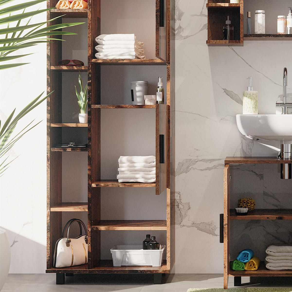 BADSCHRANK Ilias Eiche rustikal 60 x 190 cm mit Türen und offenen Fächern - Wildeiche, Holzwerkstoff (60/190/30cm) - Vicco