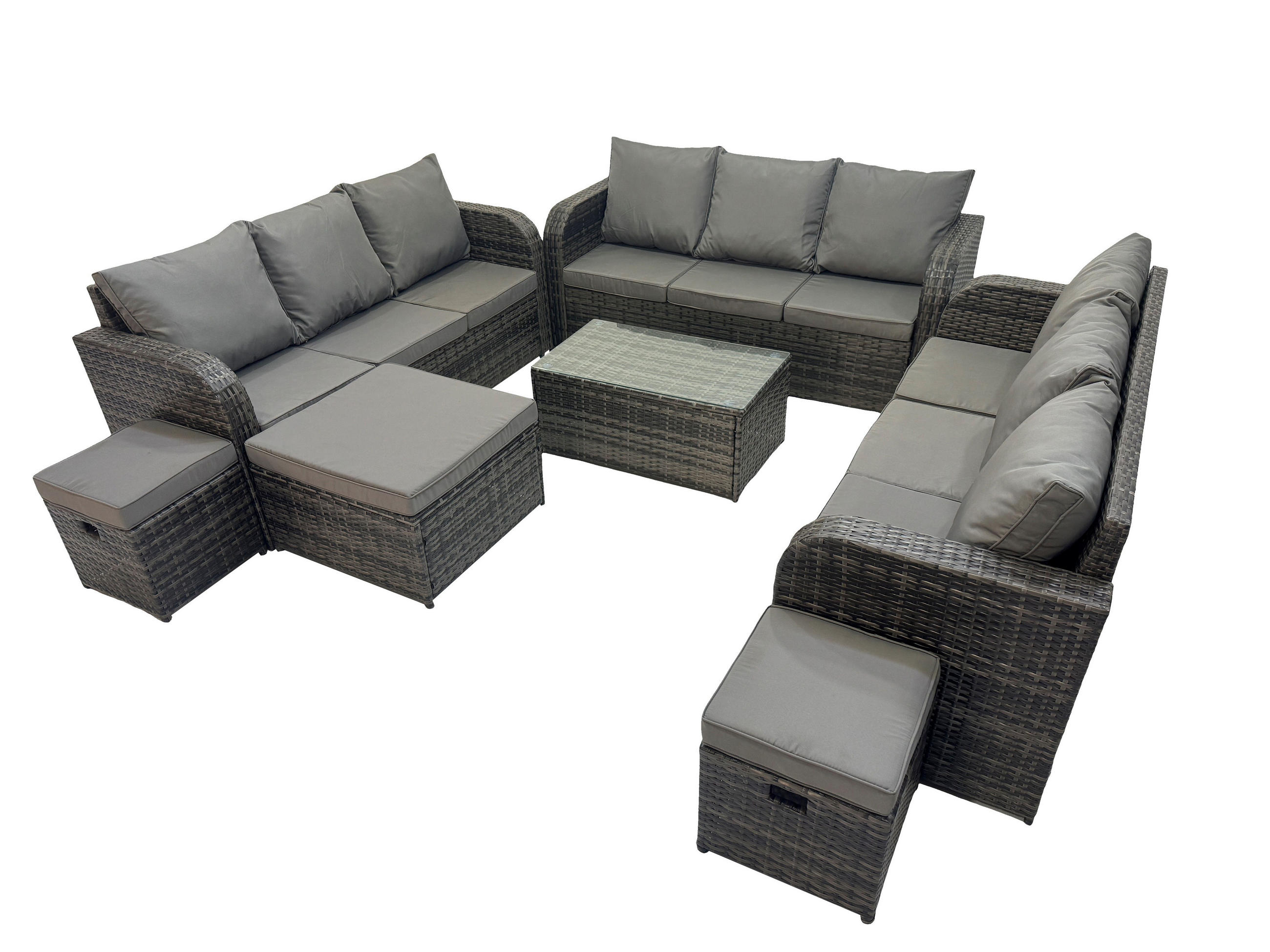 GARTENMÖBELGARNITUR mit KISSEN Polyrattan Dunkelgrau 12-Sitzer - Dunkelgrau/Grau, Glas/Kunststoff - Fimous