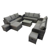 GARTENMÖBELGARNITUR mit KISSEN Polyrattan Dunkelgrau 12-Sitzer - Dunkelgrau/Grau, Glas/Kunststoff - Fimous