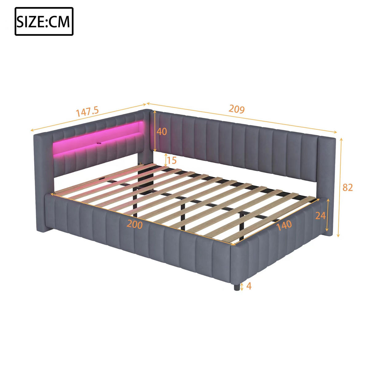 ČALÚNENÁ posteľ 140/200 cm sivá s LED osvetlením a USB portom zo zamatu - sivá, textil (140/200cm) - OKWISH