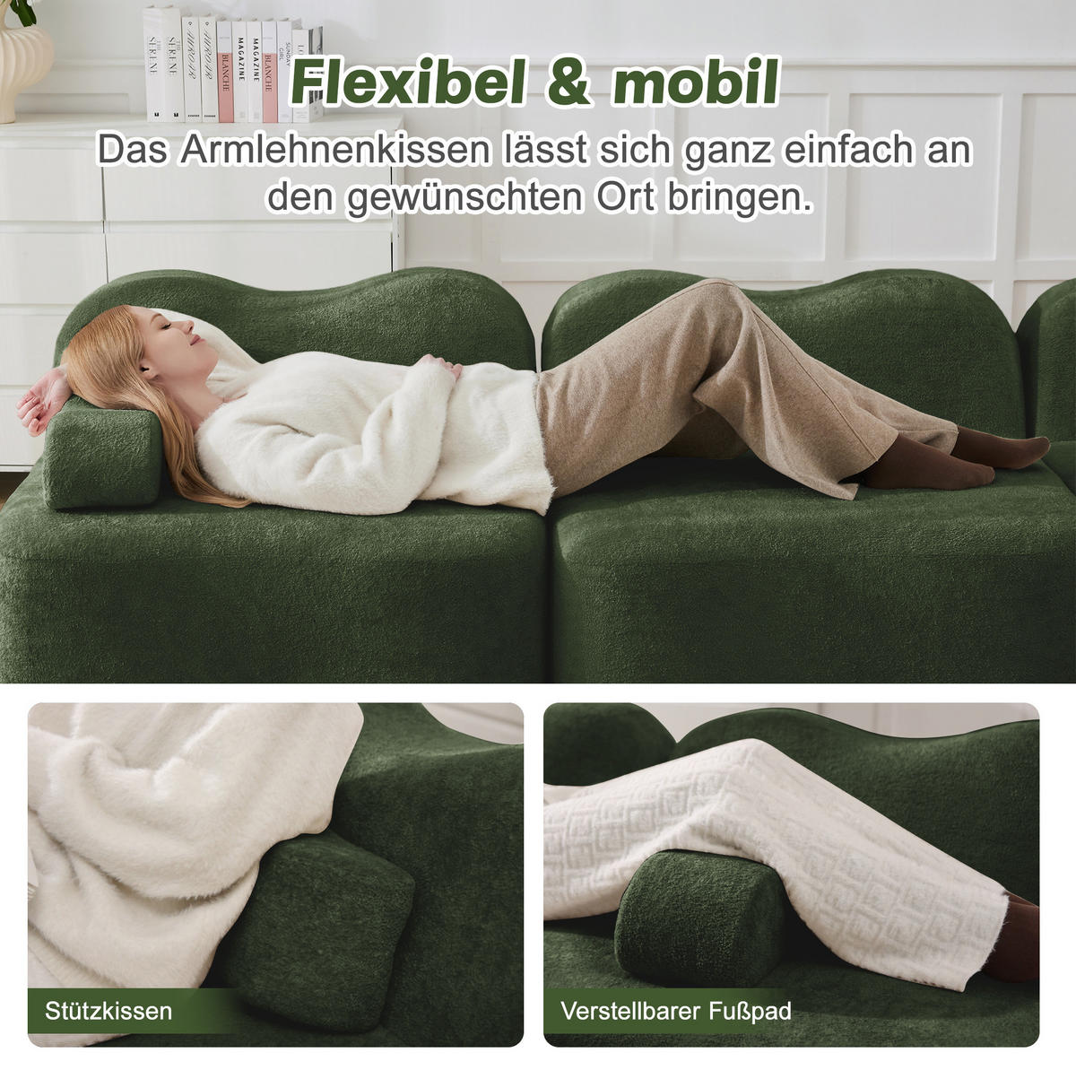 4-MIESTNA pohovka z zamatu 4-miestna 384x98x70 cm zelená s hlbokým sedením, bez rámu, flexibilné usporiadanie - zelená, textil (384/70/98cm) - Modfu