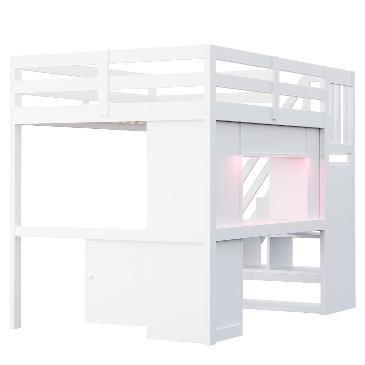HOCHBETT 140x200cm Treppe Schreibtisch Stauraum LED Weiß - Weiß, Holz (140/200cm) - FLIEKS
