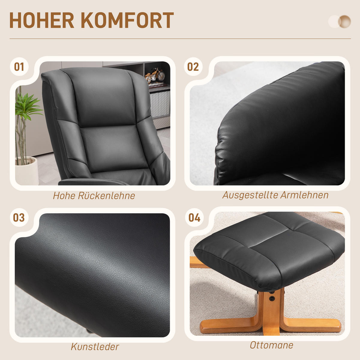 RELAXSESSEL mit Hocker, Fernsehsessel mit Liegefunktion, Wippfunktion, Schwarz - Schwarz, Leder/Holz (84/102/71cm) - HOMCOM