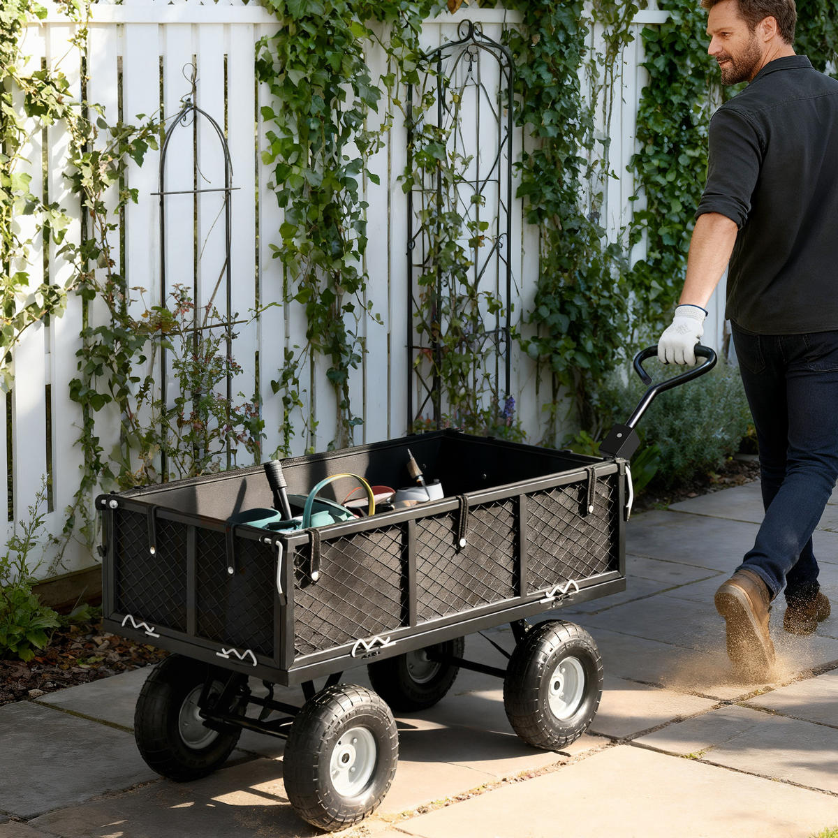TRANSPORTWAGEN DE-17588 300 kg mit Plane und Klappwänden Schwarz - Schwarz, Metall (51/54/105cm) - ComfortXL