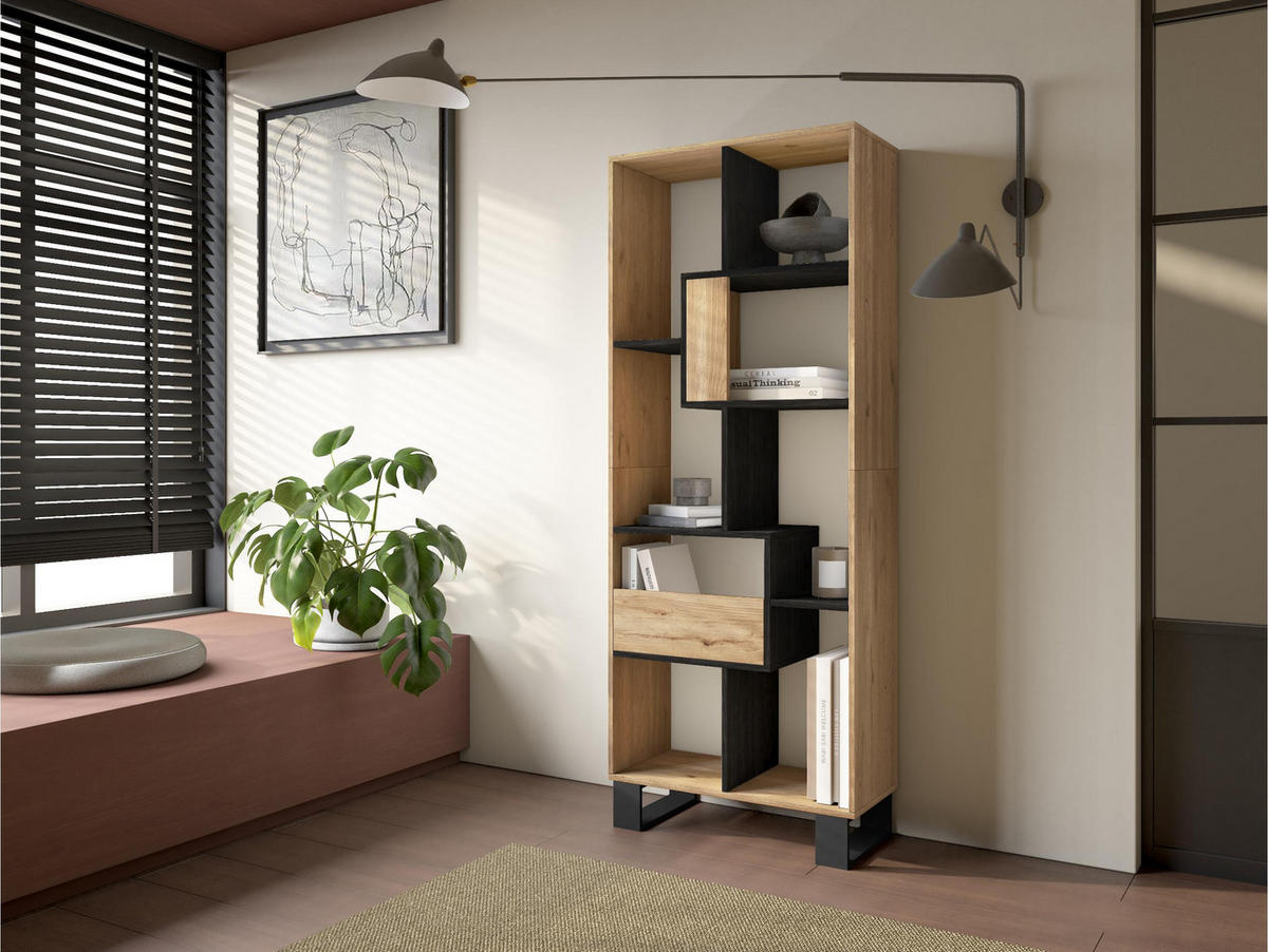 REGAL Bibliothek, Eiche und Schwarz, 67/31/174cm - Eichefarben/Schwarz, Holzwerkstoff (67/174/31cm) - Skraut Home