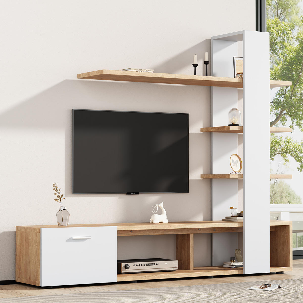 TV-WOHNWAND 180/33,5/151,5 cm aus Spanplatte mit 5 offenen Fächern Weiß/Eichefarben - Weiß, Holzwerkstoff (180/151.5/33.5cm) - Modenvie