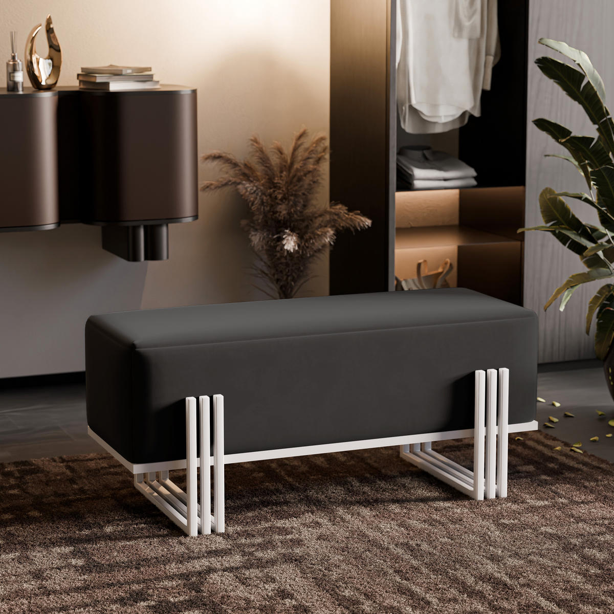 POLSTERBANK TEO 80 cm Weiß / Schwarz ,Metallgestell - Schwarz, Metall (80/47/35cm) - Idohome