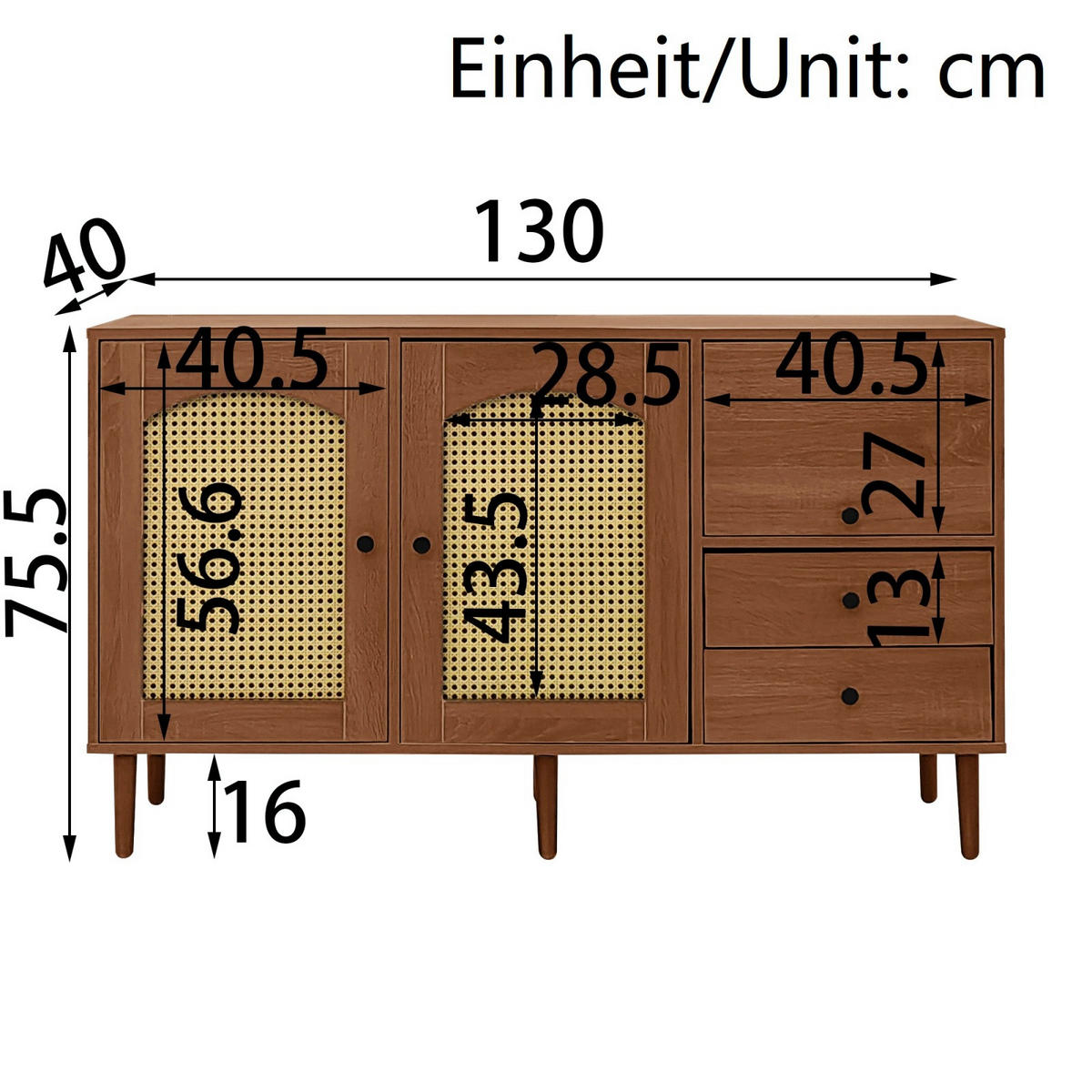 SIDEBOARD Holzdekor, 3 Türen, 2 Schubladen, Rattanoptik - Kastanienfarben, Holz (130/75/40cm)