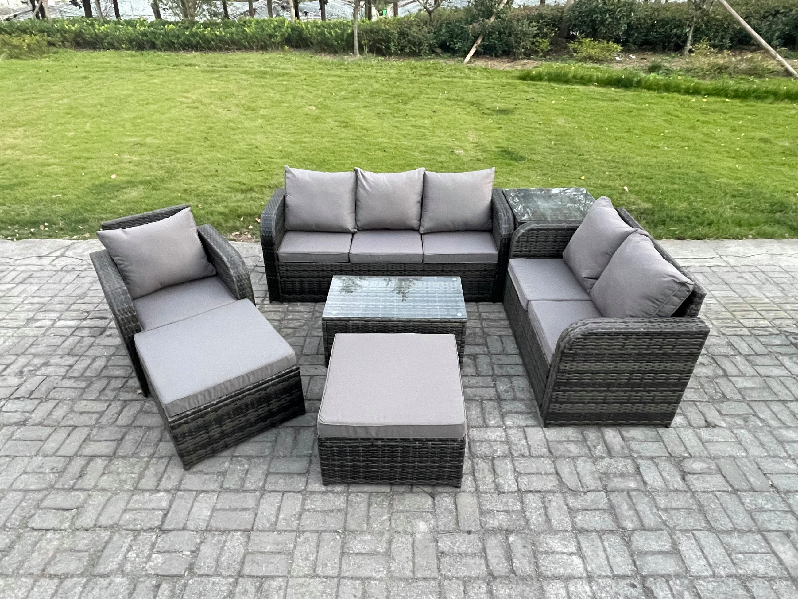 GARTENSET Polyrattan Dunkelgrau 6-Sitzer - Dunkelgrau/Grau, Glas/Kunststoff - Fimous