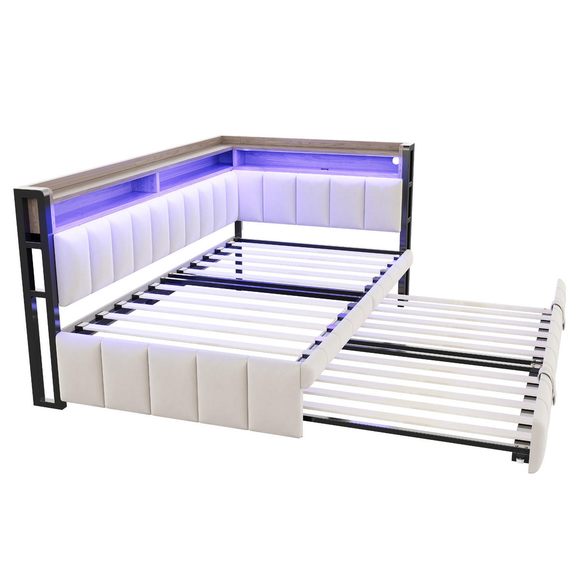 AUSZIEHBETT 90/200 cm ausziehbar mit LED und USB, DE-41717, in Beige - Beige, Metall (90/200cm) - ComfortXL