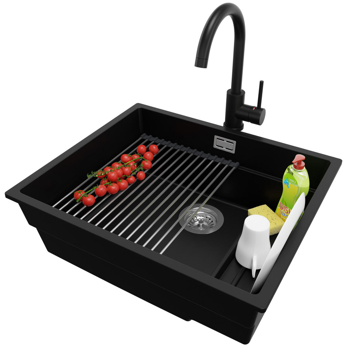 UNTERBAUSPÜLE GRANIT Praga, 2-er set Schwarz 56/47 cm 1 Becken + Küchenarmatur 32/20 cm + Ablauf-Set + Aufrollbare Abtropffläche ab 60er Unterschrank - Chromfarben/Schwarz, Kunststoff (56/20/47cm) - Primagran