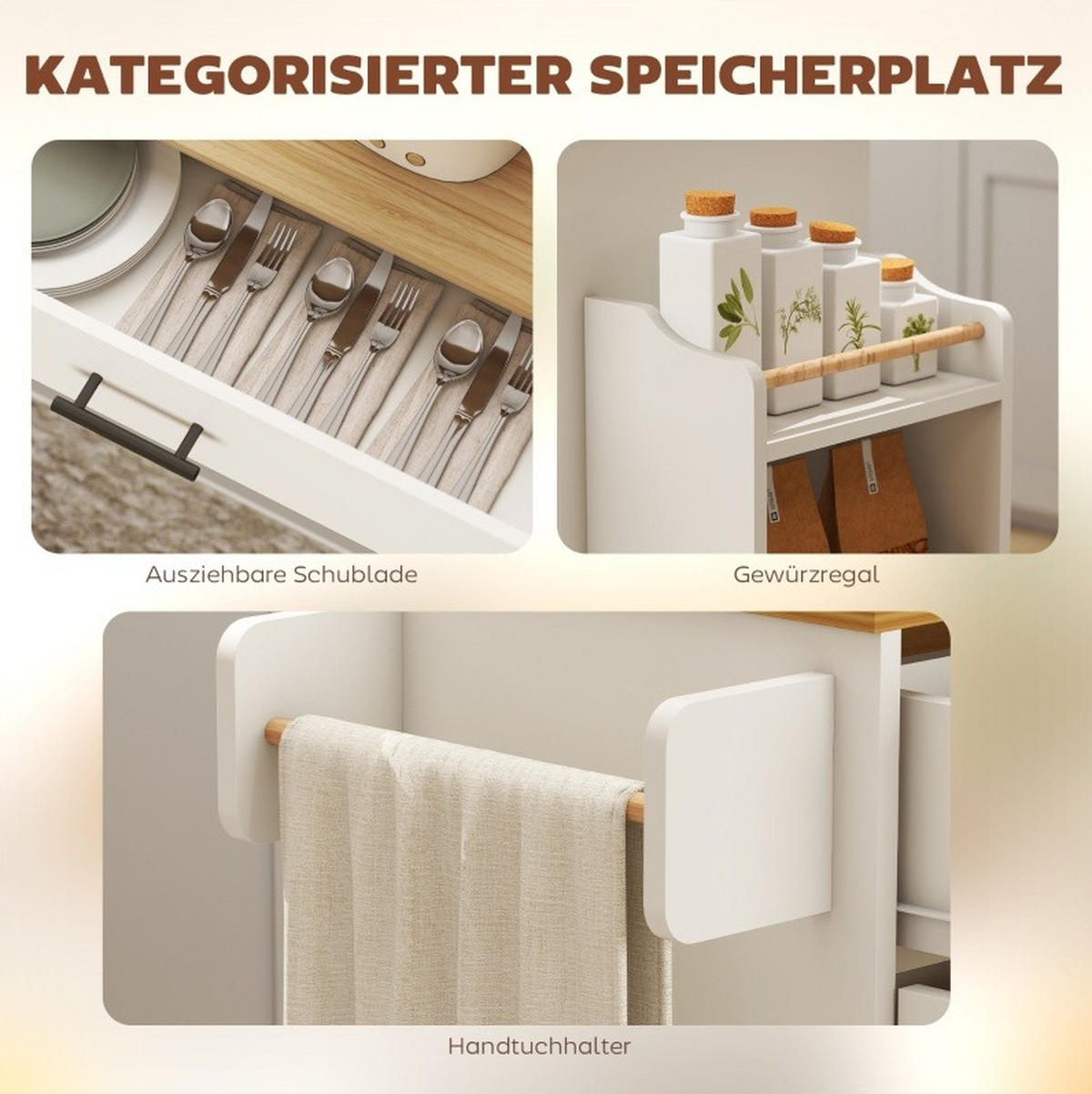 KÜCHENINSEL 120/68/85 cm in Weiß mit Klappplatte und Rollen - Weiß, Holz (120/85/68cm) - Flora Grace