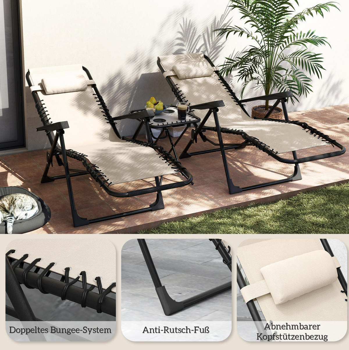 GARTENLIEGEN-SET 90/65/110 cm klappbar mit 5-fach verstellbarer Rückenlehne und Tisch, Beige - Beige, Metall - Redom