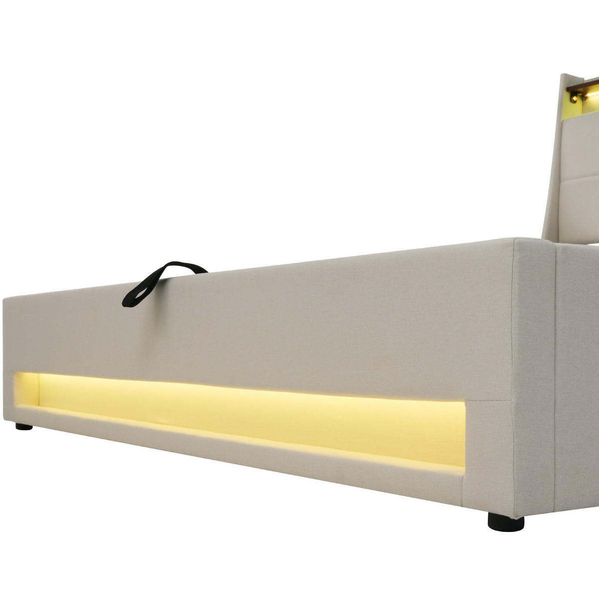 POLSTERBETT 180/200 cm hellbeige aus Leinen mit LED, USB und Stauraum - Beige, Textil (180/200cm) - OKWISH