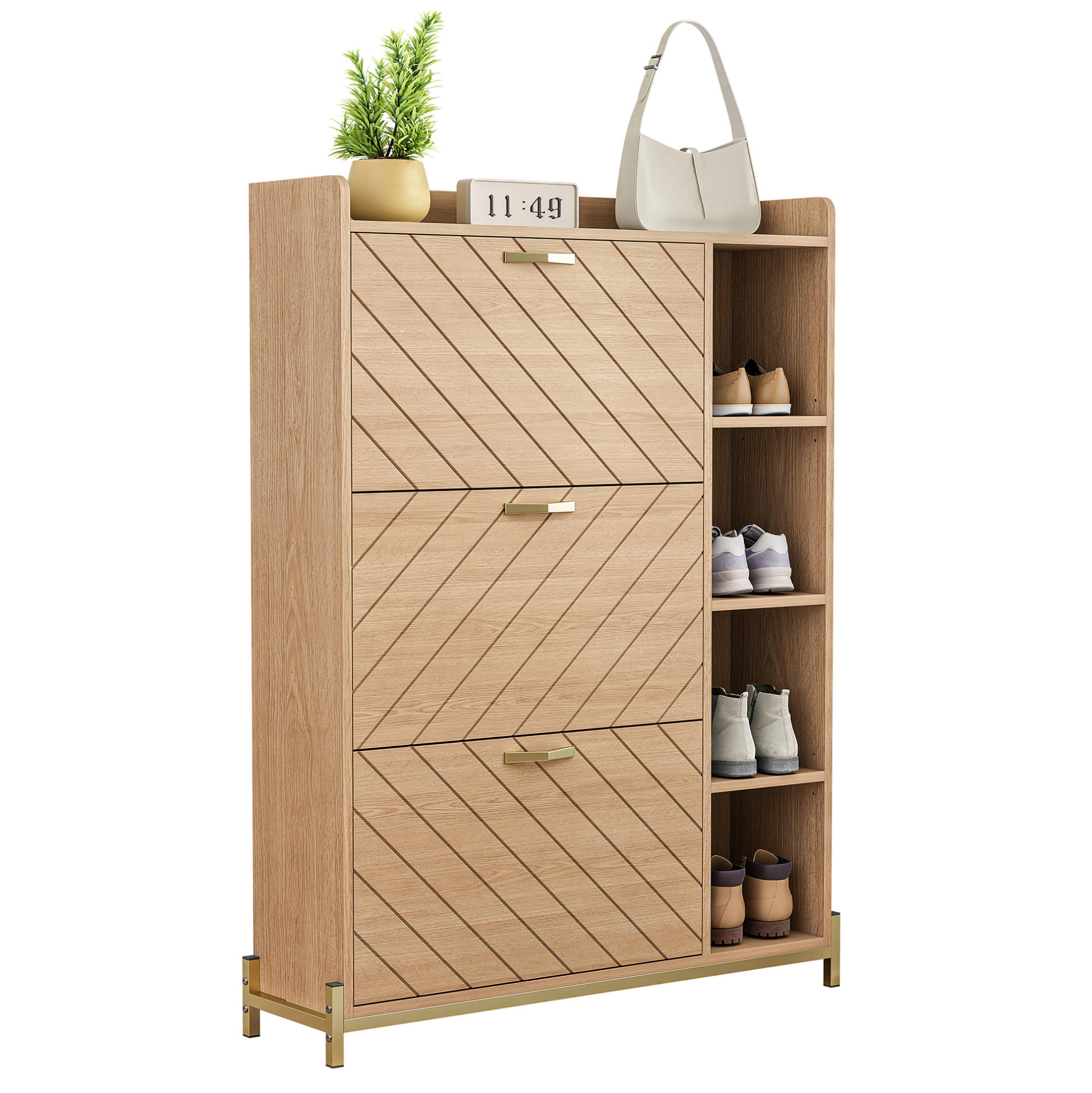 OKWISH BOTNÍK 90/24/119 cm přírodní z MDF s výklopnými dvířky a otevřenými policemi