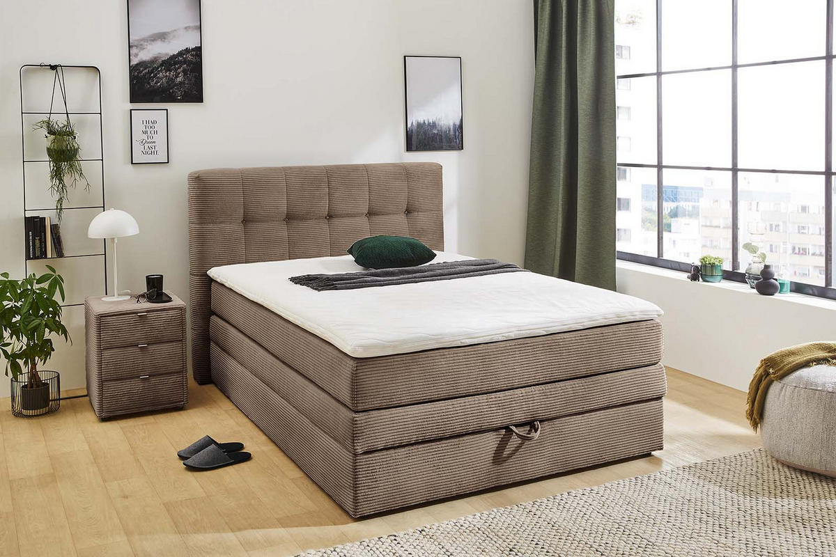 BOXSPRINGBETT 140x200 cm, 7-Zonen-Tonnentaschen-Federkernmatratze H3, Topper, Bonell-Federkern, großer Bettkasten, Cord Braun Taupe / 20037 - Schwarz/Braun, Kunststoff/Textil (140/200cm) - luma-home