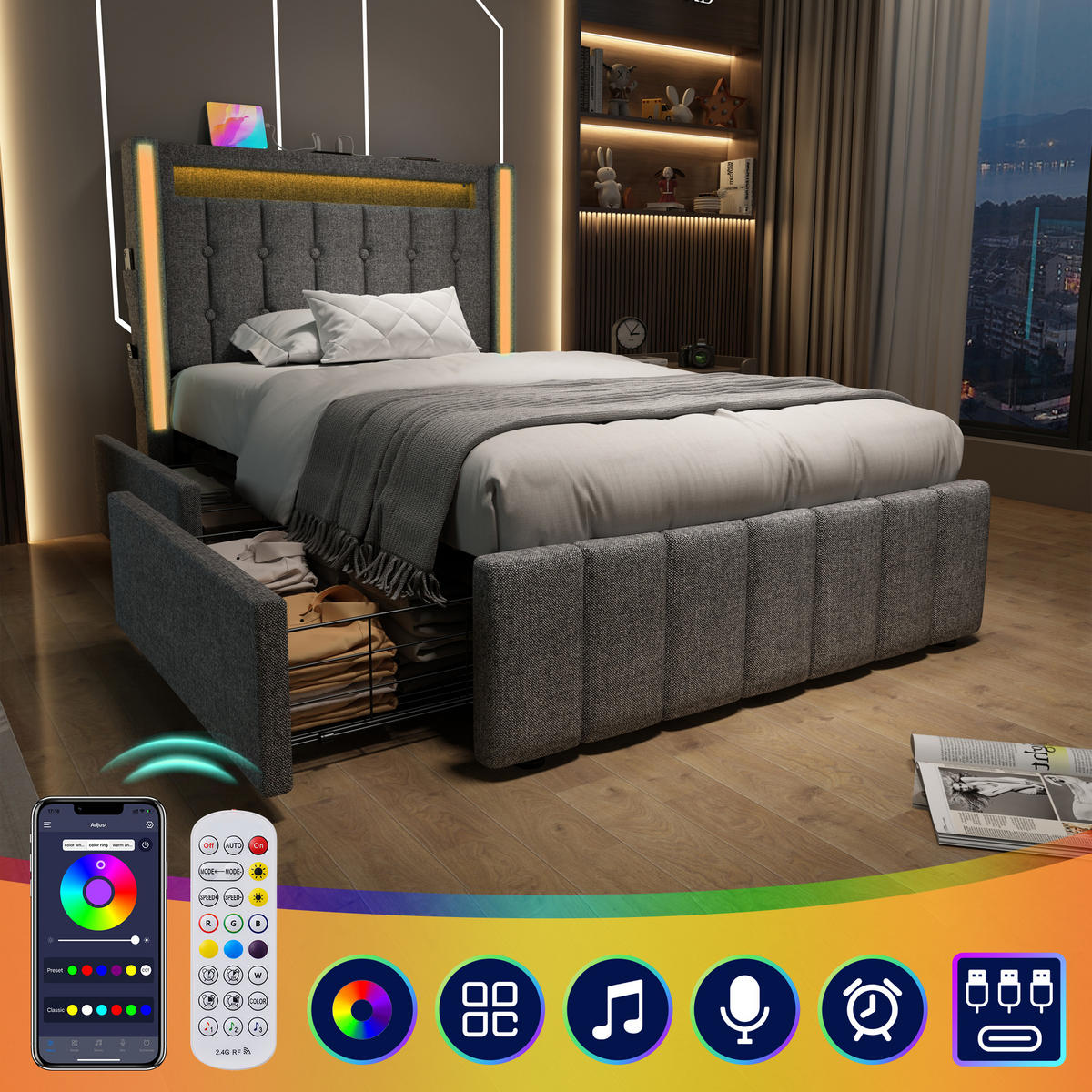 POLSTERBETT 90/200 cm in Grau Leinen mit LED, USB, Type-C und 2 Schubladen - Grau, Holzwerkstoff/Textil (90/200cm) - WISHDOR