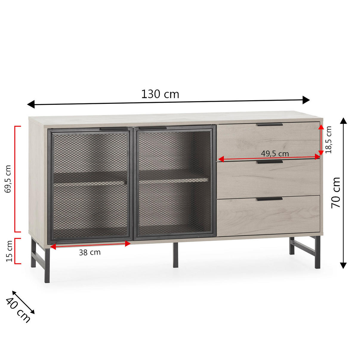 SIDEBOARD Isis 2 Metalltüren 3 Schubladen - Honigeiche, Holzwerkstoff (120/76/38cm)