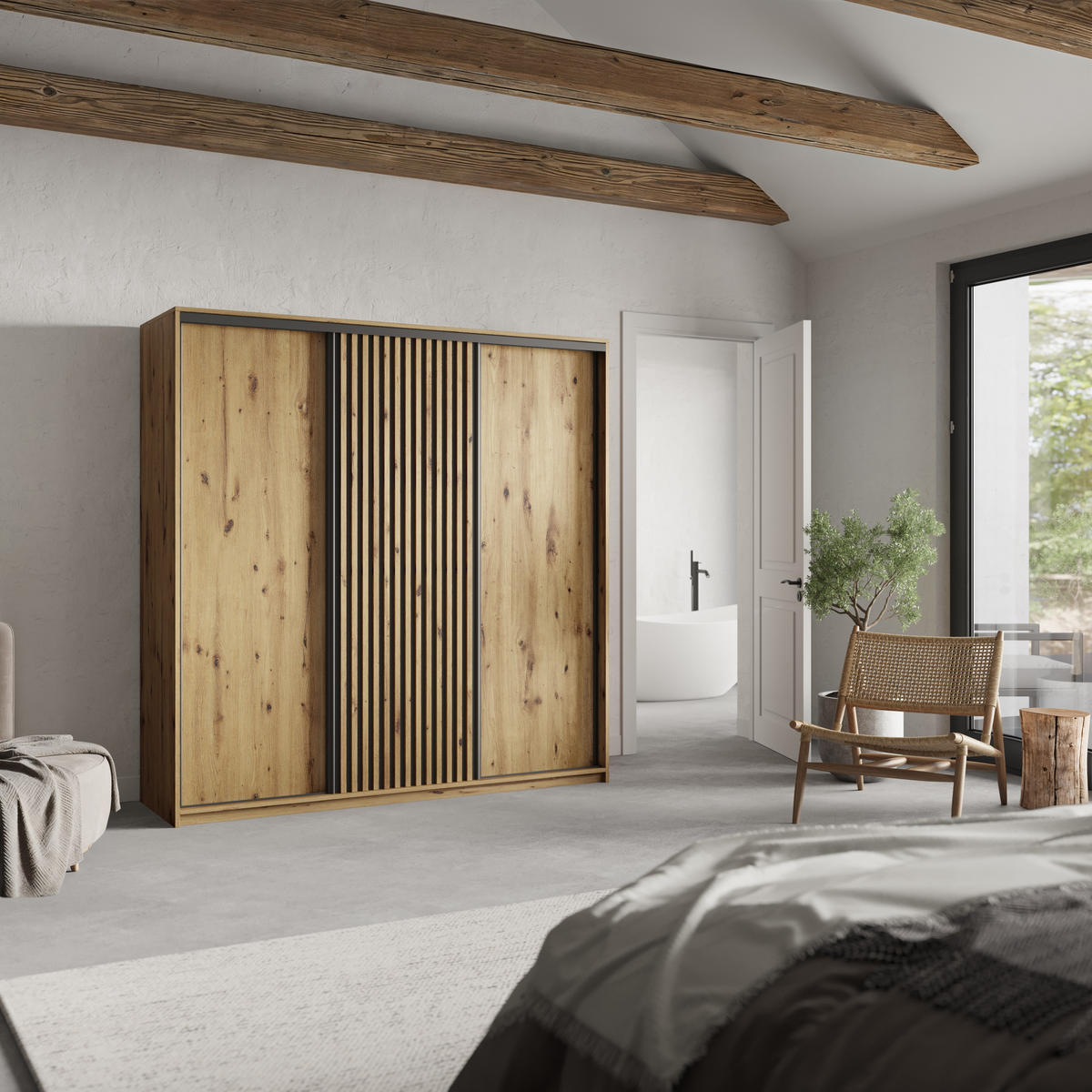 SCHWEBETÜRENSCHRANK VONTE 180/205/60 cm 3-türig mit Lamellen Eiche Artisan - Schwarz/Eiche Artisan, Holzwerkstoff (180/205/60cm) - MASSENO