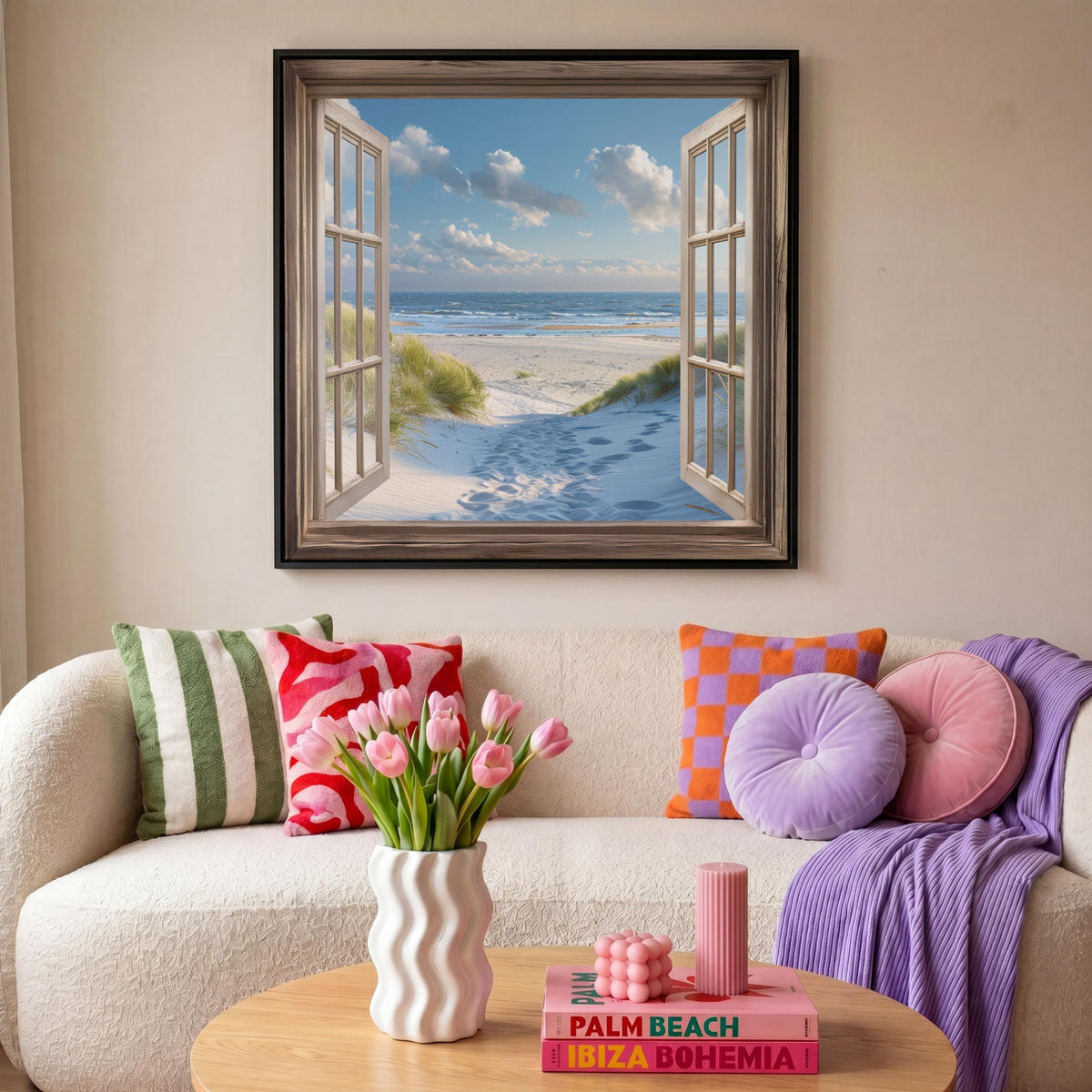 LEINWAND Bilder mit Rahmen - Aussicht - Strand - Fenster - Dünen - Meer - 90x90 - Hellblau, Textil (90/90cm) - MuchoWow