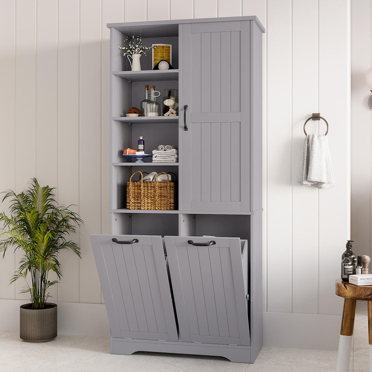 HOCHSCHRANK 78/35/172.7 cm Grau mit doppelter Wäschekorb und 4 offene Fächer - Grau, Holz/Holzwerkstoff (35/172.7/78cm) - Oxeza
