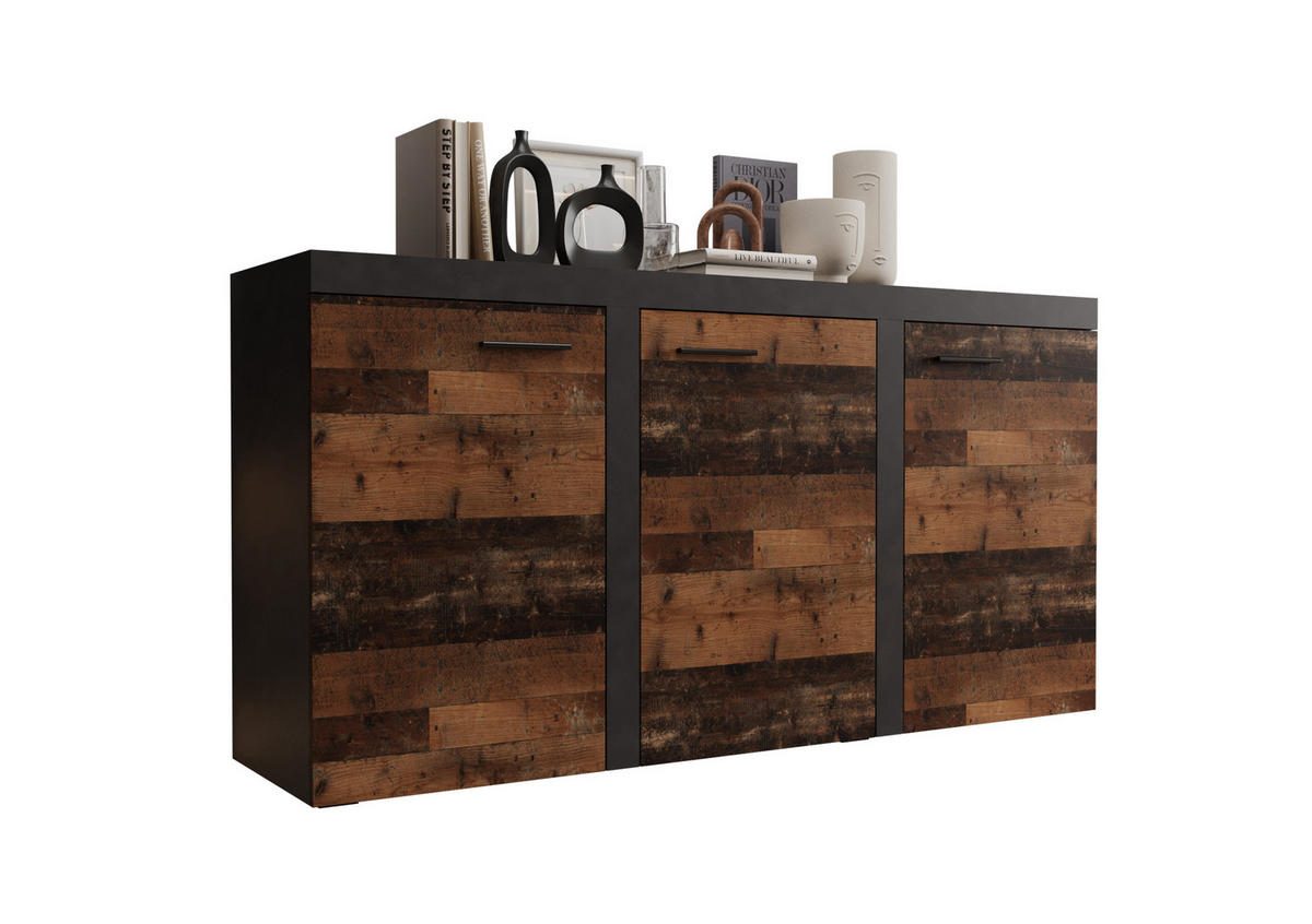 KOMMODE London LRXK mit 3 Türen, Sideboard in Farbe: Dunkelbraun|Schwarz, Größe: 149 x 82 x 40 cm - Dunkelbraun/Schwarz, Holzwerkstoff (149/82/40cm) - O-Sofa