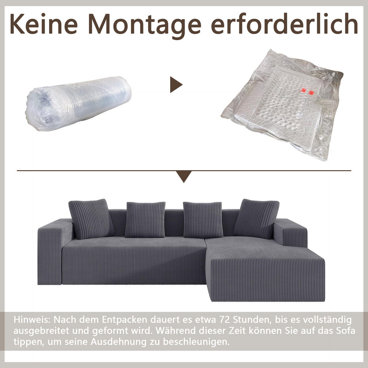 ECKSOFA aus Cord in Grau modulares Cloud-Design & ohne Montage - Beige, Textil (146/261cm) - Urban Meuble