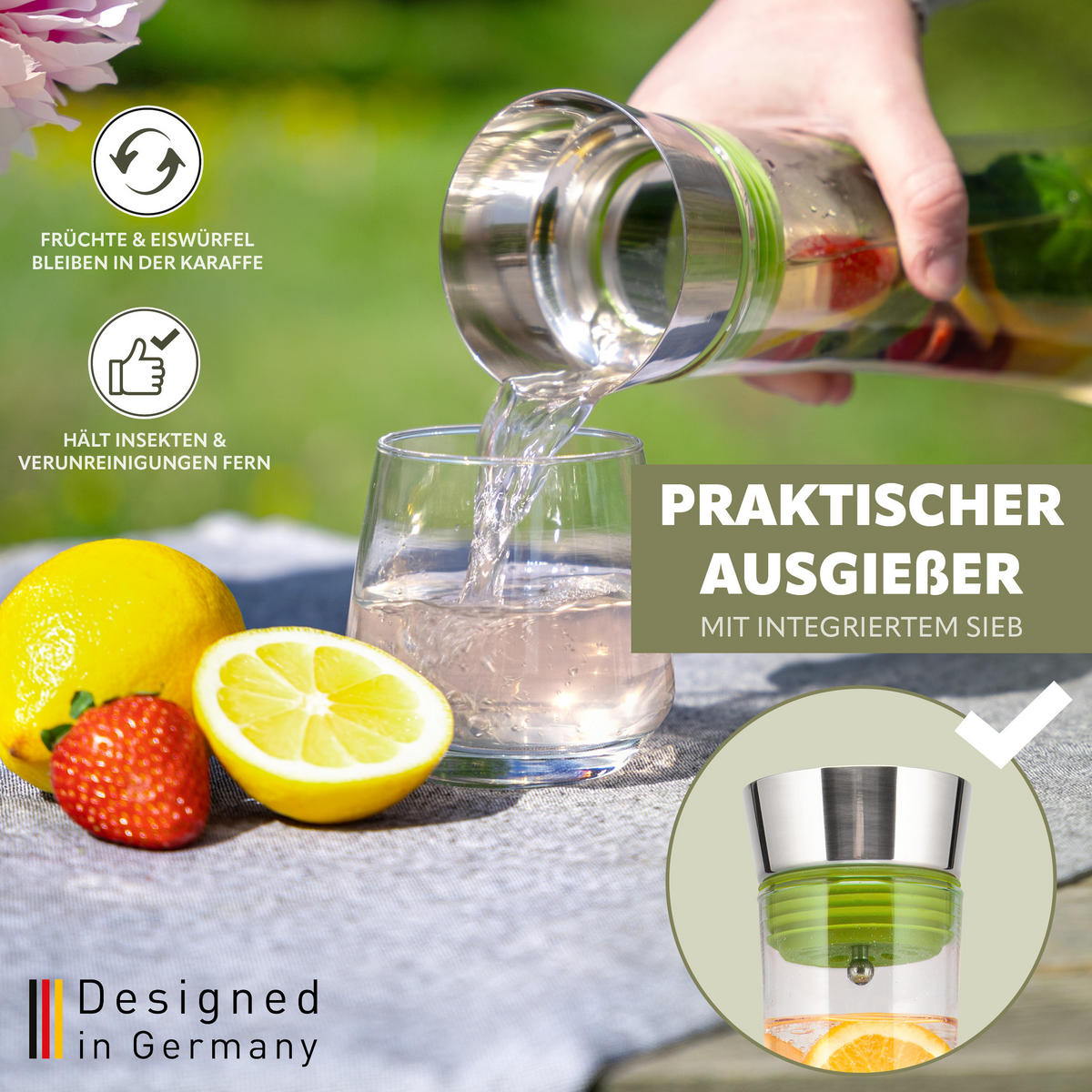 GLASKARAFFE 1 Liter CAROLA, grün, Edelstahl, Silikon - Grün, Glas (1L) - bremermann