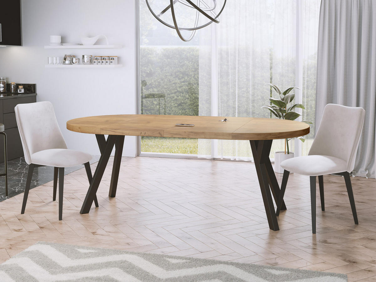 ESSTISCH Twixy runder ausziehbarer, Wotan Eiche 100-200/100/76 cm - Eiche Wotan/Schwarz, Holz/Holzwerkstoff (100/100/76cm) - WFL GROUP