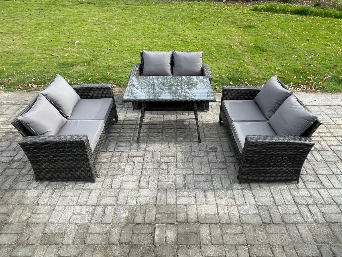 GARTENMÖBELSET mit ESSTISCH,HOCHLEHNER-SOFA Polyrattan Dunkelgrauer Mix 6-Sitzer - Dunkelgrau/Grau, Glas/Kunststoff - Fimous