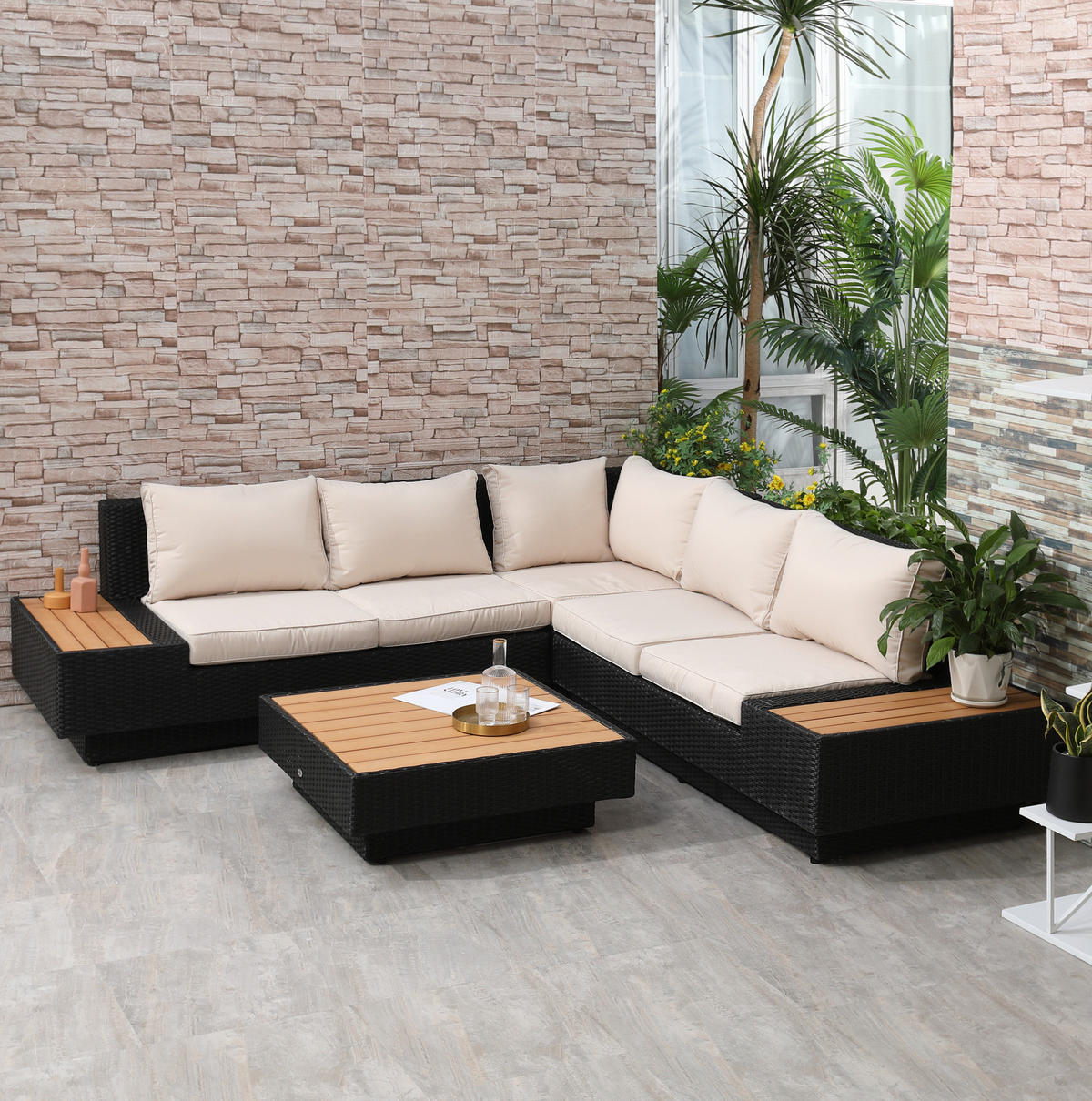 GARTEN-LOUNGE-SET 165/84/73 cm mit Ablagen, Beistelltisch und Sitzkissen aus Polyester, Schwarz - Schwarz, Kunststoff - Redom