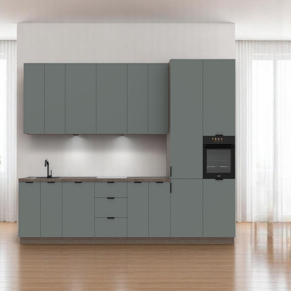 KÜCHENZEILE 400 cm –Sorento K73-M400 - in Grün / Matt - Schwarz/Grün, Holz/Holzwerkstoff (400/247/58cm)