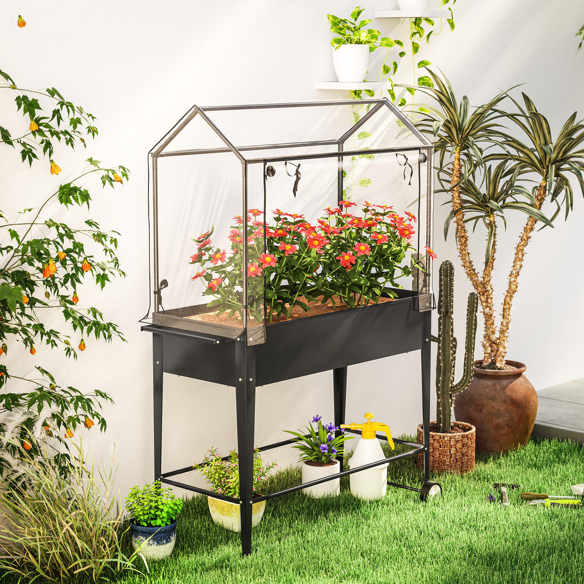 HOCHBEET DE-16020 mit PVC-Abdeckung & Rollen Schwarz - Schwarz, Metall (100/152/45cm) - ComfortXL