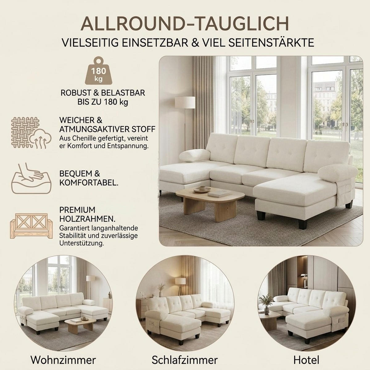 WOHNLANDSCHAFT 268/128/84 cm Beige Chenille - Beige, Textil (242/84/128cm) - Oxeza