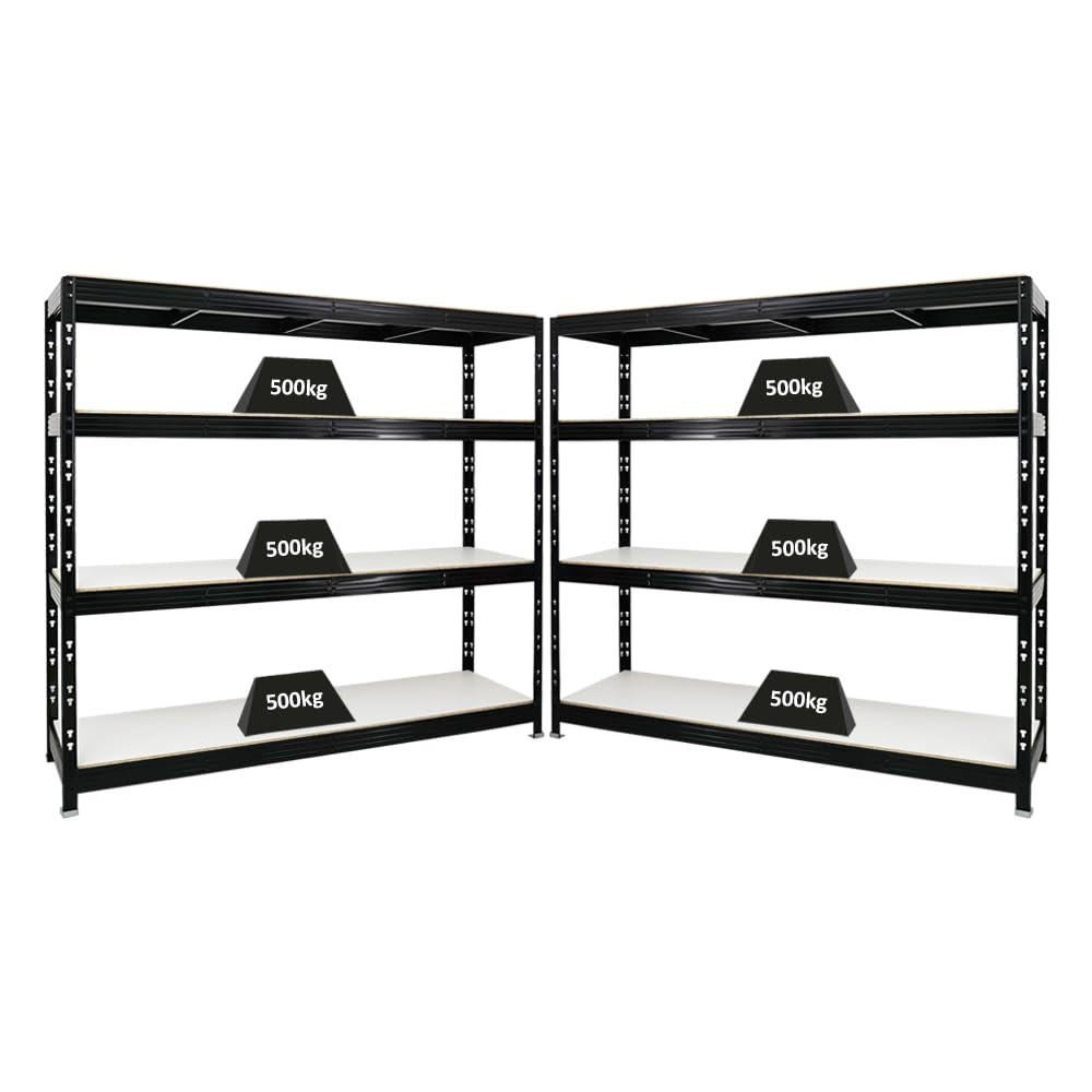 SCHWERLASTREGAL Rhino 2er-Set mit 2x 180x200x60 cm 4 Melamin-Ebenen 16mm Fachlast 500 kg Schwarz - Schwarz, Metall (400/180/60cm) - PROREGAL