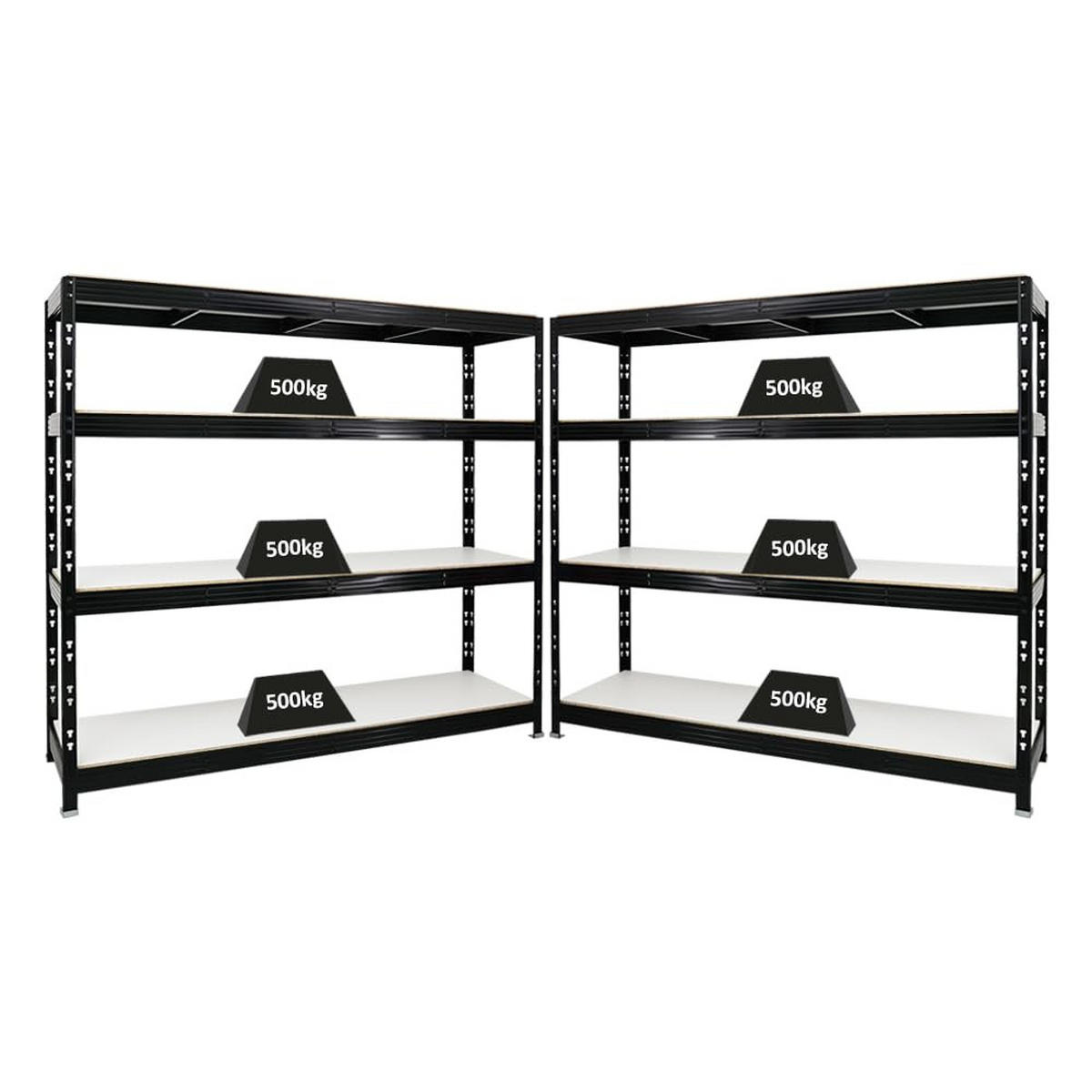 SCHWERLASTREGAL Rhino 2er-Set mit 2x 180x200x60 cm 4 Melamin-Ebenen 16mm Fachlast 500 kg Schwarz - Schwarz, Metall (400/180/60cm) - PROREGAL