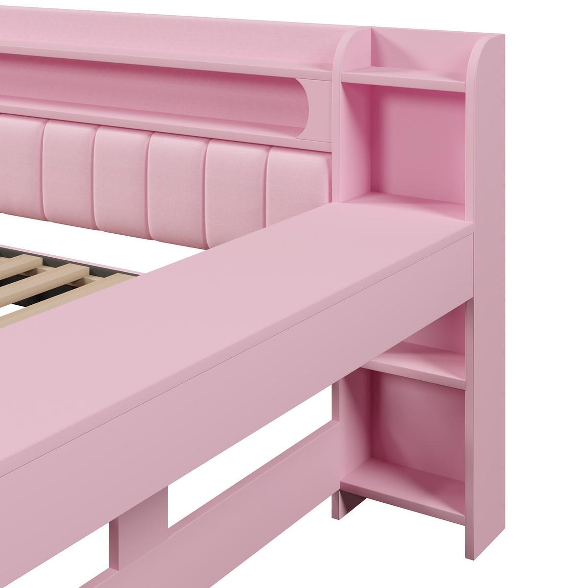 BETT 140/200 cm in Rosa Stoff mit 2 Schubladen, LED, USB und Schreibtisch - Rosa, Holzwerkstoff/Textil (140/200cm) - WISHDOR